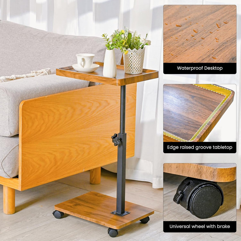 C Table End Table Adjustable Height,C Shaped End For Couch,Snack Tables,360°Swivel TV Tray Sofa Table, Brown