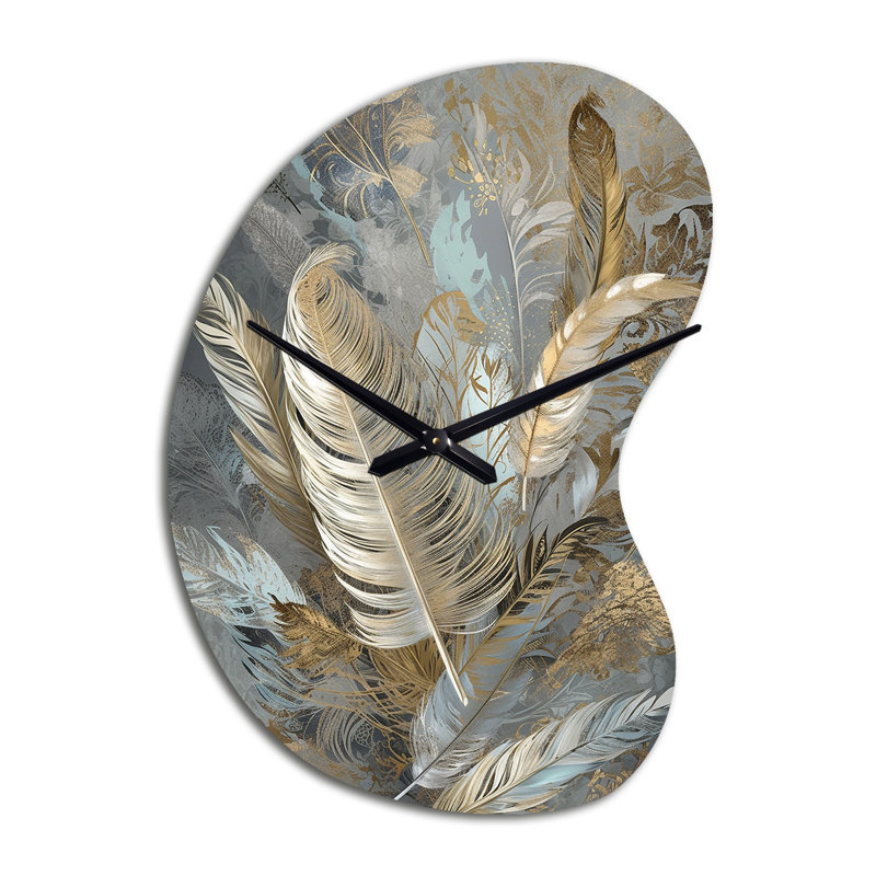 Gold Feather Extravaganza V - Boom Shape Unique Glam Feather Wall Clock, Small