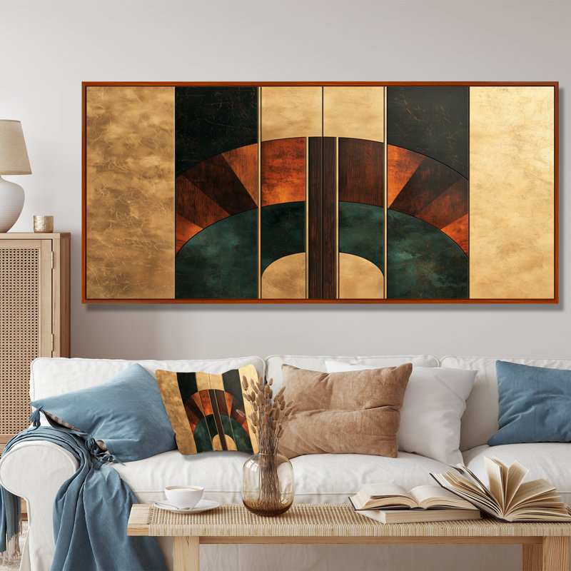Formes géométriques essentielles noyer III - art abstrait Art déco, Brun, H 28 po x l 60 po, Cadre flottant