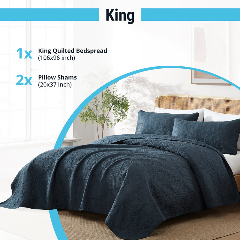 HLC.ME Benji - 3 Piece Quilt Set, Lightweight Bedspread Coverlet Quilt, Navy Blue, King Quilt + 2 King Shams