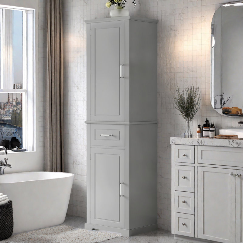 Tall Bathroom Storage Cabinet With 2 Different Size Doors, Adjustable Shelf, Door Shelve Design And Drawer, Gray