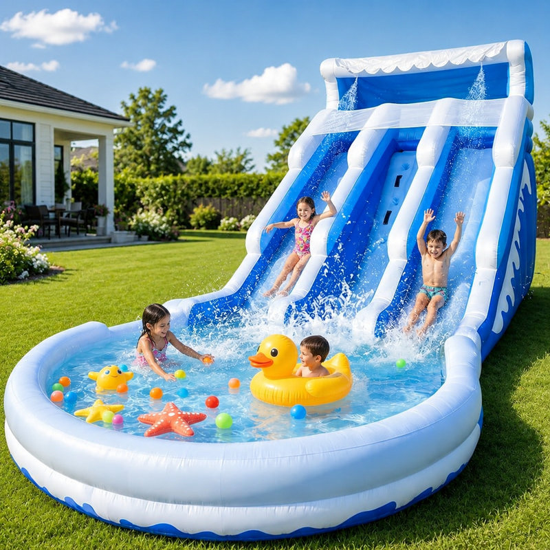 Glissade d'eau gonflable de 20 pieds avec piscine et double glissade, mur d'escalade, souffleur non inclus (bleu)