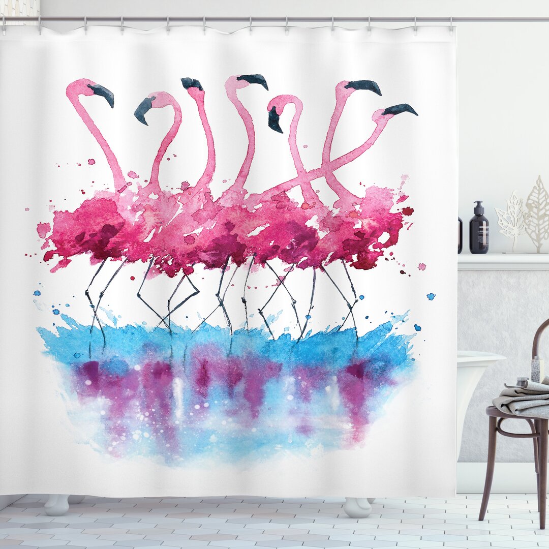 Duschvorhang, Flamingo and Bird, Flamingo, Blau Lila Rosa