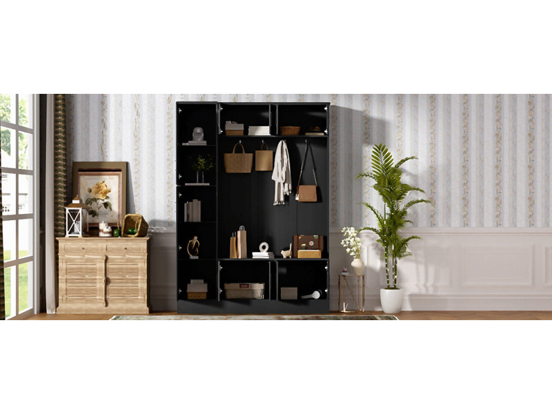 Arbre d'entrée de 79 po de hauteur avec rangement pour chaussures, banc d'entrée 4 en 1 avec 6 armoires, 4 crochets à manteau et tablette réglable pour le couloir, le salon