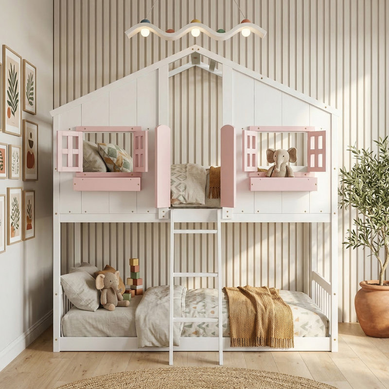 Solid Pine  Wood Twin-Over-Twin Bunk Bed With House-Shaped Frame Guardrails, Space-Saving Loft Bed, Shared Bedroom Furniture