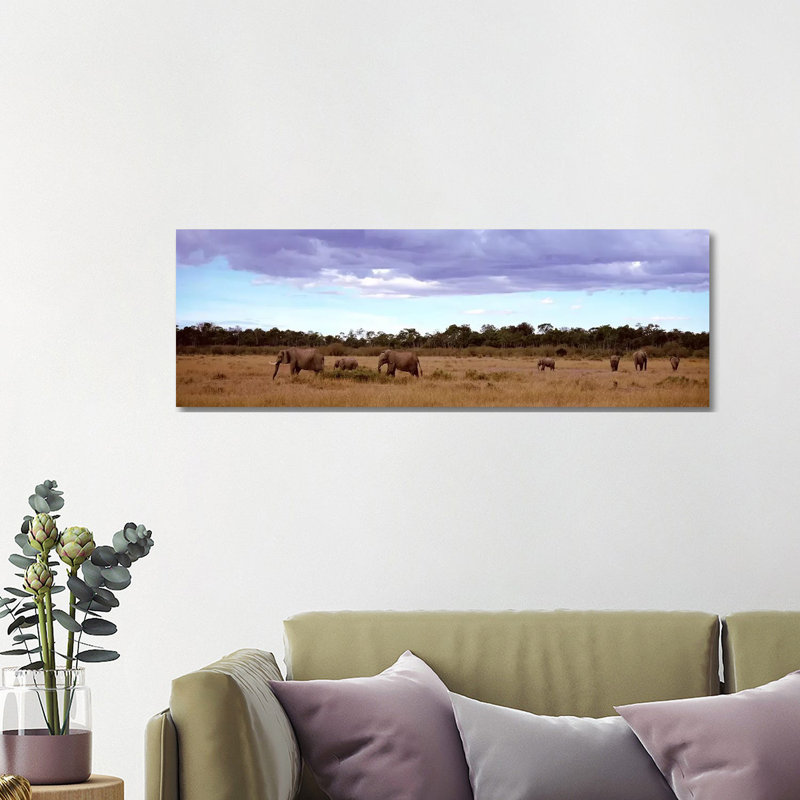 Herd Of Elephants, Masai Mara National Reserve, Kenya, Africa - Wrapped Canvas Panoramic Print