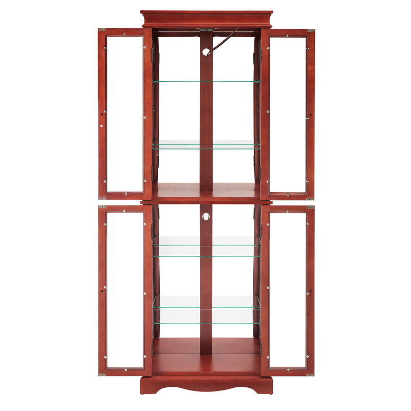 Vitrine lumineuse avec tablettes réglables en verre, 6, cloison mobile, hauteur de tablette sophistiquée en cerisier -