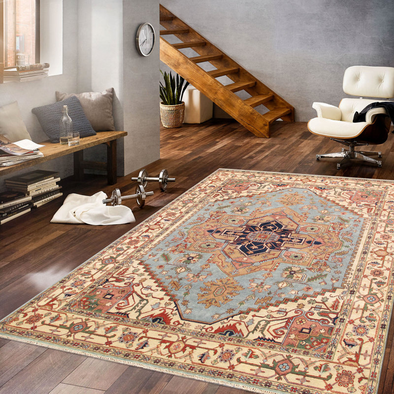 Serapi Hand Knotted Wool Oriental Area Rug, Blue/Ivory/Navy/Yellow, Rectangle 8'11" x 11'10"