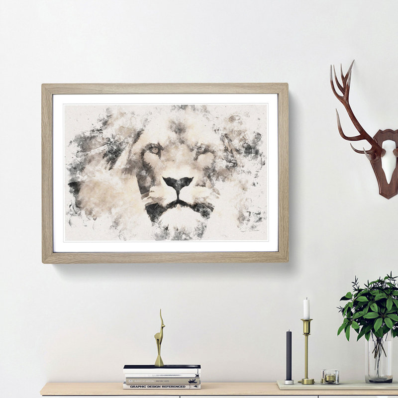 Lion Watercolour - Picture Frame Graphic Art Print, Oak Framed, 45cm H x 63cm W x 2cm D
