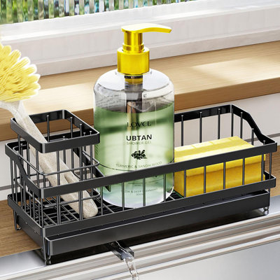Serviteur d'évier en acier inoxydable avec système d'auto-vidange, porte-brosse réglable, conception peu encombrante pour la cuisine, la salle de bain et le garage - noir