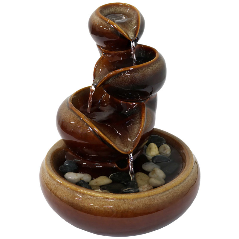 Brown Ceramic Tiered Tabletop Fountain with Decorative Stones