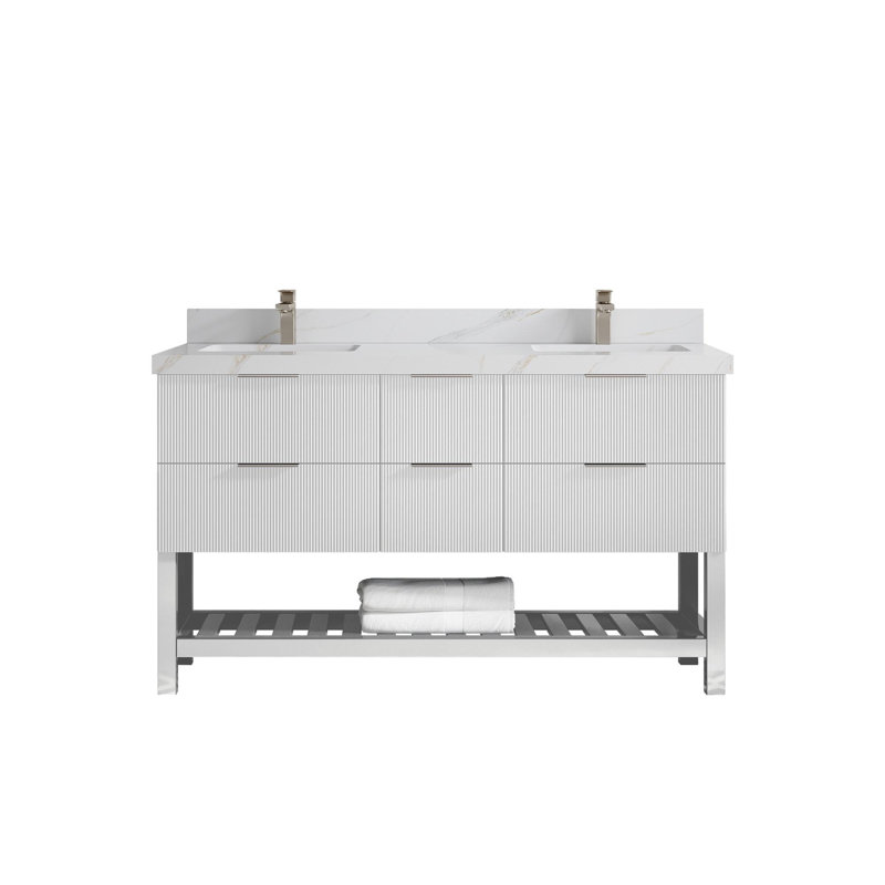 Meuble-lavabo double 60 po avec plateau en quartz Catalina