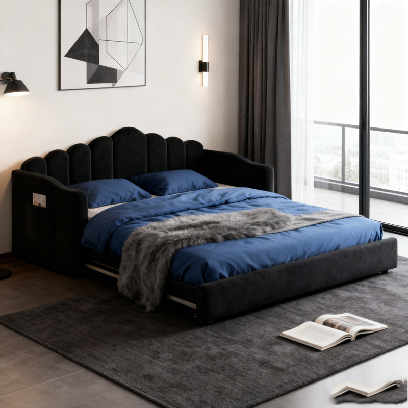 Upholstered Daybed with Trundle ,Velvet Sofabed with USB Charging Ports, Black
