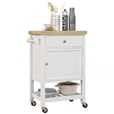 Utility Kitchen Cart, Rolling Kitchen Island With Smooth Rubberwood Top, Narrow Butcher Block Surface On Wheels With Storage Drawer & Cabinet