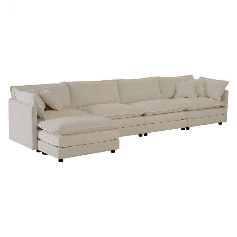 Canapé modulaire modulaire pour le salon, canapé en U convertible 5 places avec 1 repose-pieds, chenille, Chenille beige