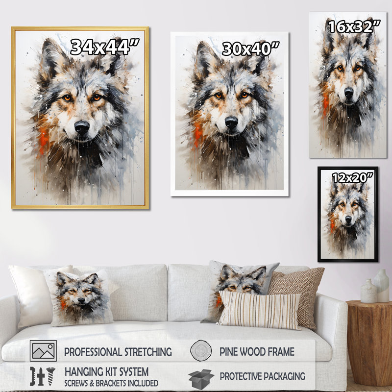 Portrait de loup curieux - décoration murale animal loup, H 20 po x l 12 po x P 1 po, Cadre flottant noir