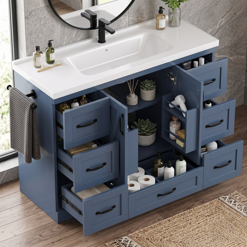 Meuble-lavabo simple autoportant 48 po avec plateau en céramique, tablette réglable, rangement pour porte et barre à serviettes latérale 48 po