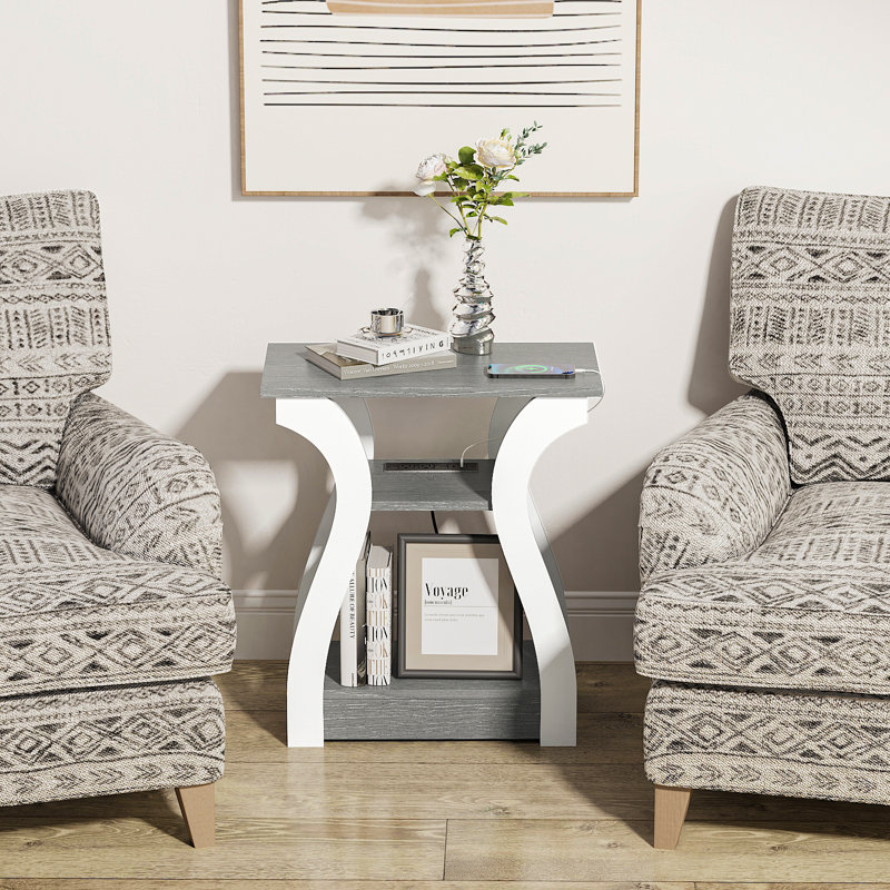 23.62'' End Table,Small Side Table with Built-In Outlets for Living Room,Bedroom,Nightstand, Gray/White, 2