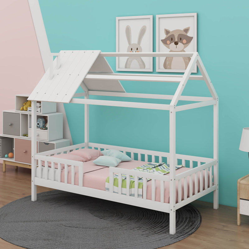Lit simple en bois avec garde-corps - Conception adorable et amusante pour chambre d'enfant, Blanc