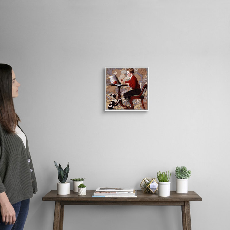 Garçon lisant un catalogue sur toile Sears, H 14 po x l 14 po x P 1,75 po, Cadre flottant blanc