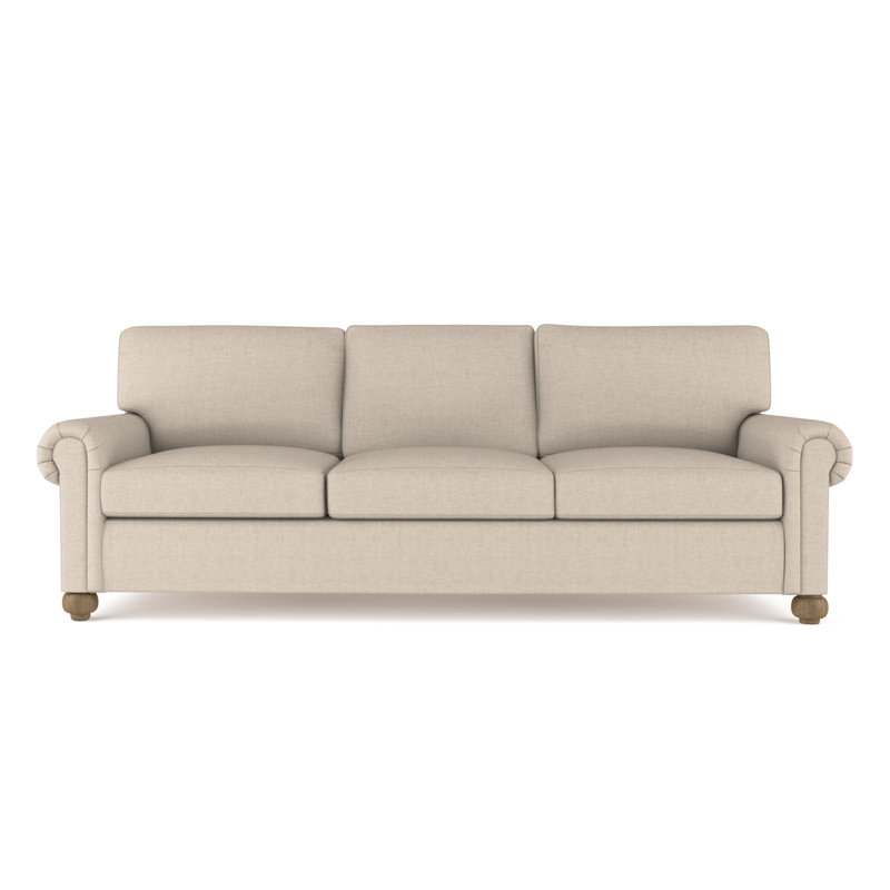 Leroy Rolled Panel-Arm Sofa with Bun Feet, Weathered, Box Weave Linen Blue Print, 36" H x 96" W x 43" D