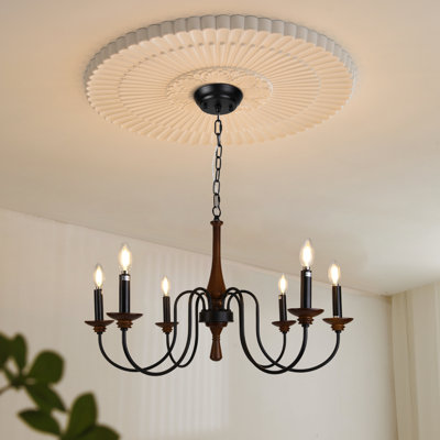 Elegant Wooden Accent Chandelier - 6-light, Black Iron, Timeless Design For Living Room