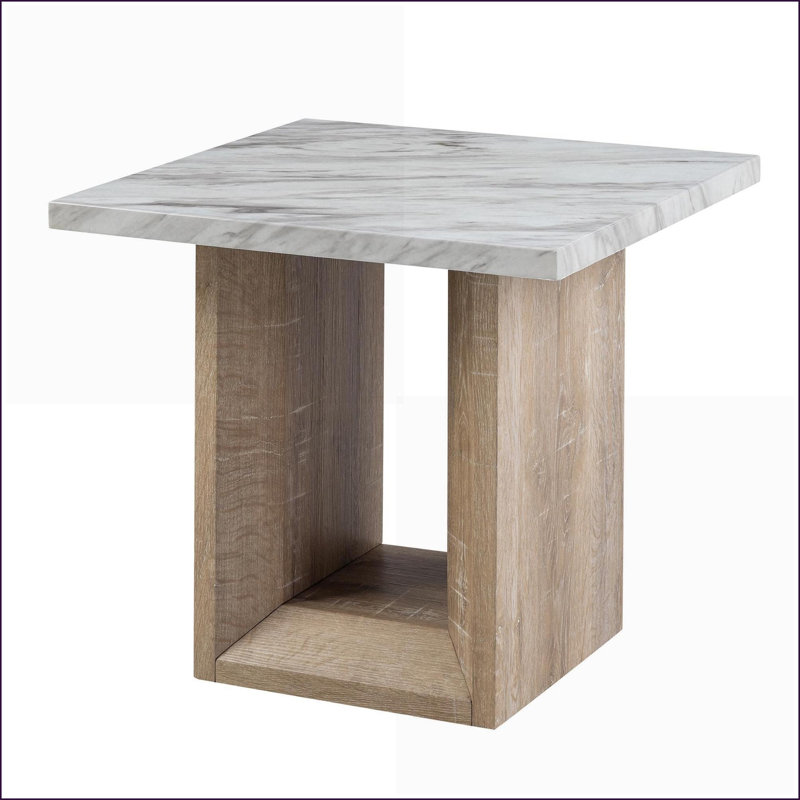 Table basse contemporaine Gregory avec plateau en marbre et finition en bois brun clair, base piédestal stable