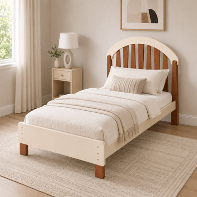 Beige dark natural wooden platform double bed with storage drawers round headboard no box spring needed