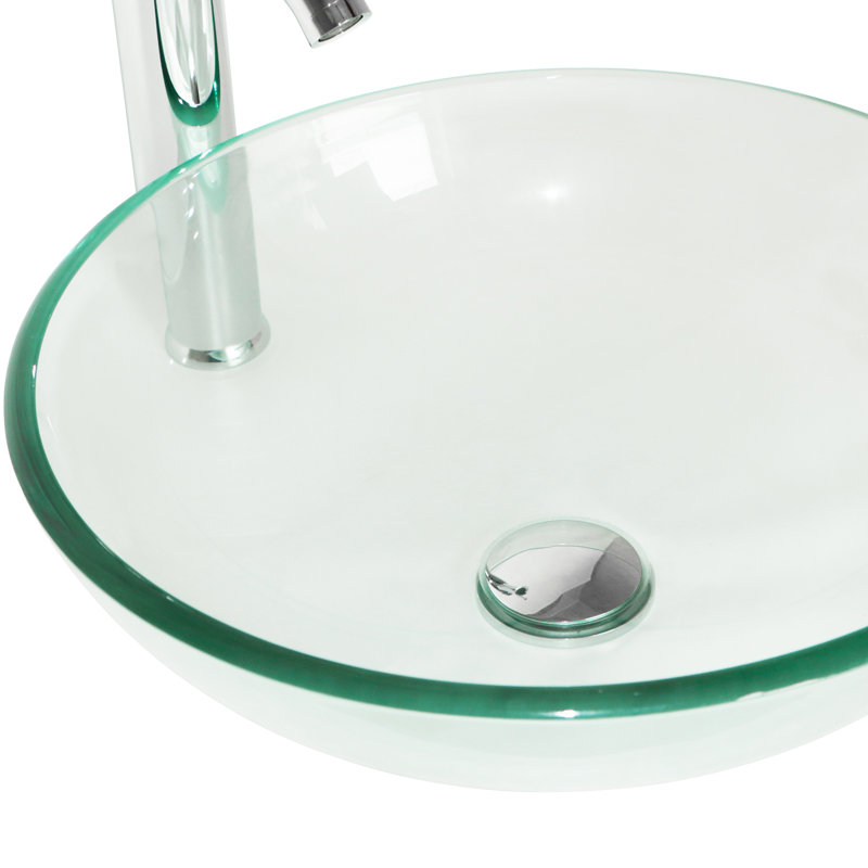 Clear Tempered Glass Round Vessel Sink with Chrome Faucet