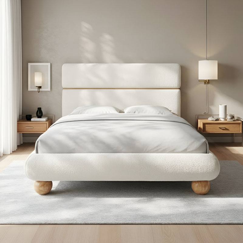 Windsor Cream Boucle Upholstered Queen Bed Frame With Solid Wood Leg
