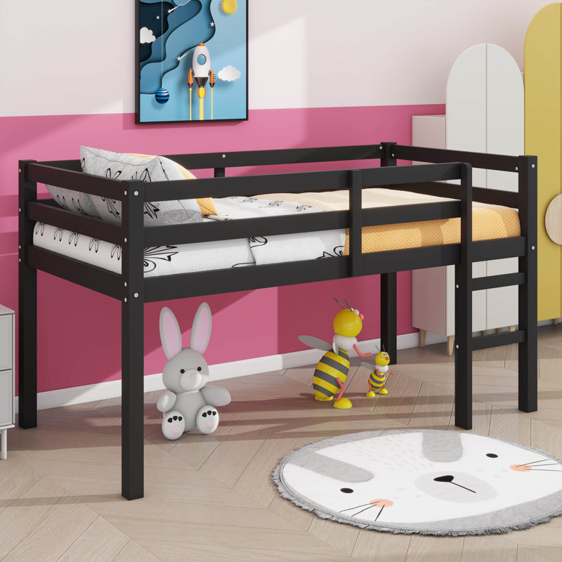 Twin Elevated Loft Bed With Ladder And Strengthened Slat Bed Base, Black