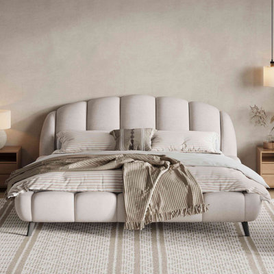 Upholstered Platform Bed Chenille Thick Headboard And Footboard Shell-Shape Design Beds
