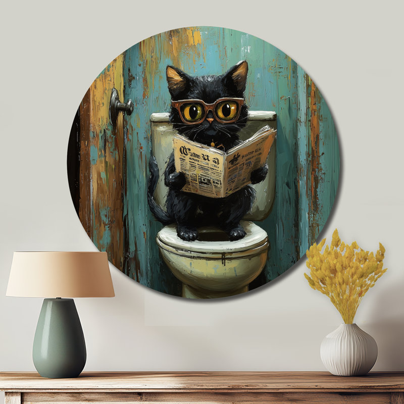 «Cute Cat Ready», journal sur la toilette II - reproduction d'art moderne en métal noir, H 16 po x l 16 po
