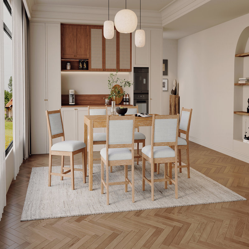 7-Piece Retro Dining Table Set For 6 People, 1 Rectangular Wood Dining Table Set For 6 People With Upholstered Chairs