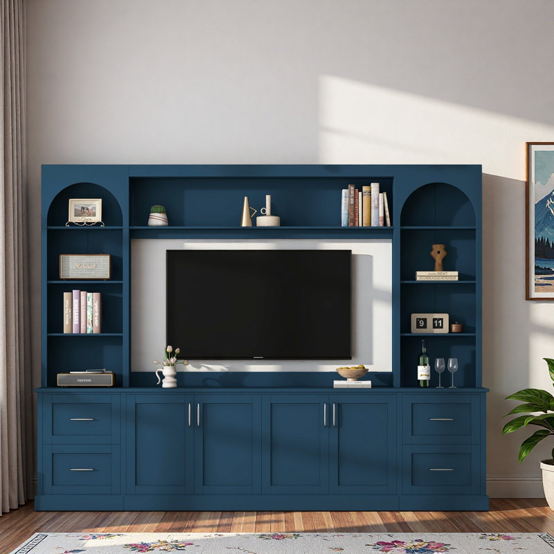Meuble audio-vidéo arqué moderne avec tiroirs, grandes armoires, tablettes réglables, présentoir et trous pour câbles, Blue