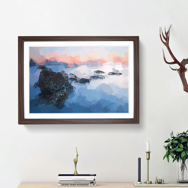 Beach in Yantai China in Abstract - Picture Frame Photograph Print, 48cm H x 65cm W x 2cm D, Walnut Framed