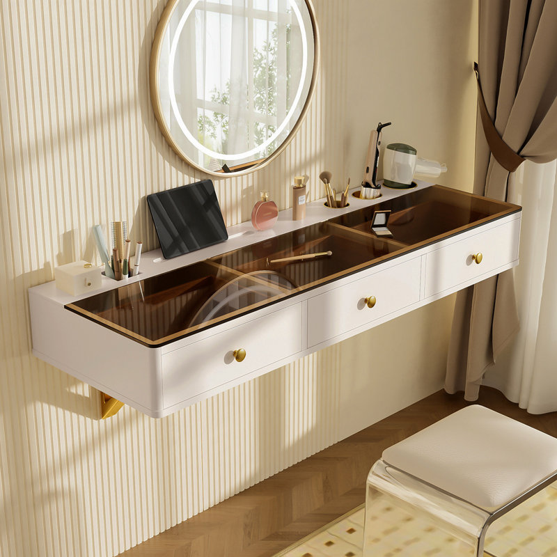 Tablette flottante de 47 po avec tiroir, coiffeuse murale polyvalente, bureau monté, table flottante pour chambre à coucher, salle de bain, coiffeurs, blanc et doré