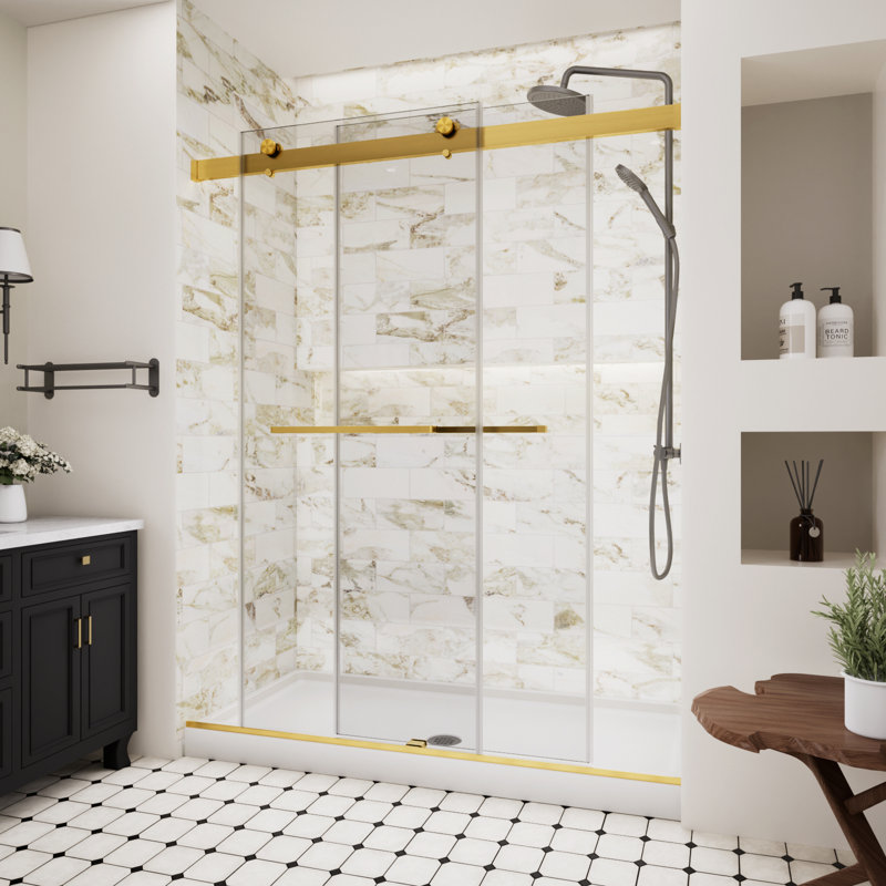 44–48" W x 74" H Frameless Shower Door with 5/16" (8mm) Explosion-Proof Film Tempered Clear Glass, Sliding Shower Door with Soft-Close Anti-Collision, Brushed Gold