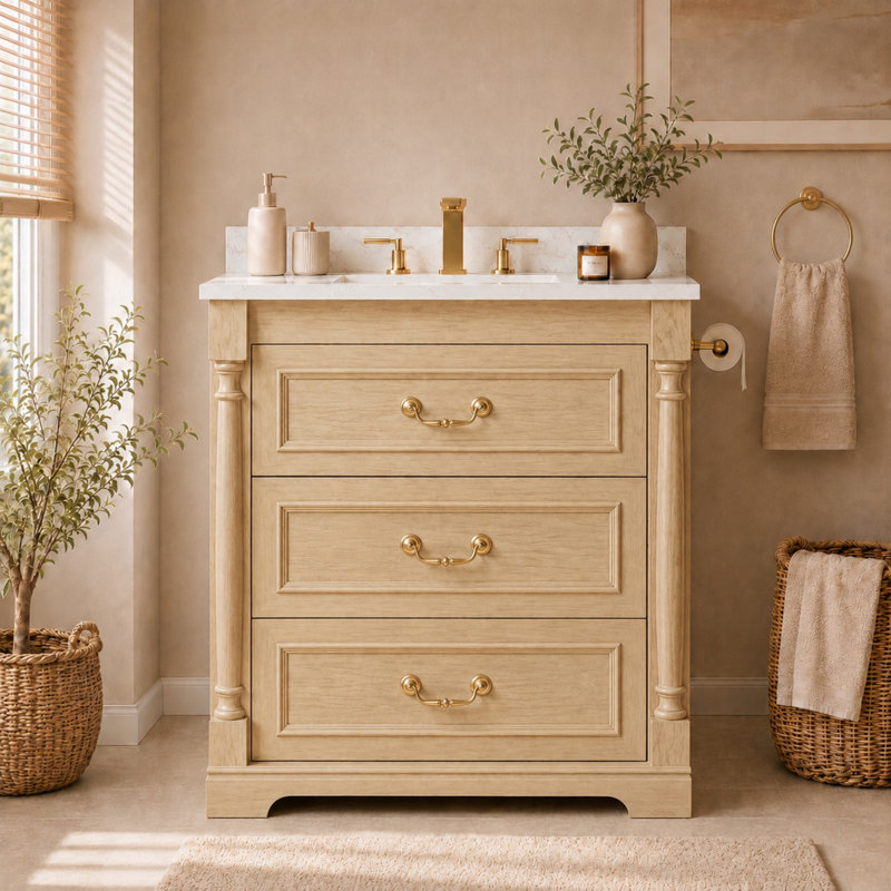 Meuble-lavabo autoportant de 30 po avec comptoir d'évier, armoire de rangement avec tiroirs et support latéral beige, Beige
