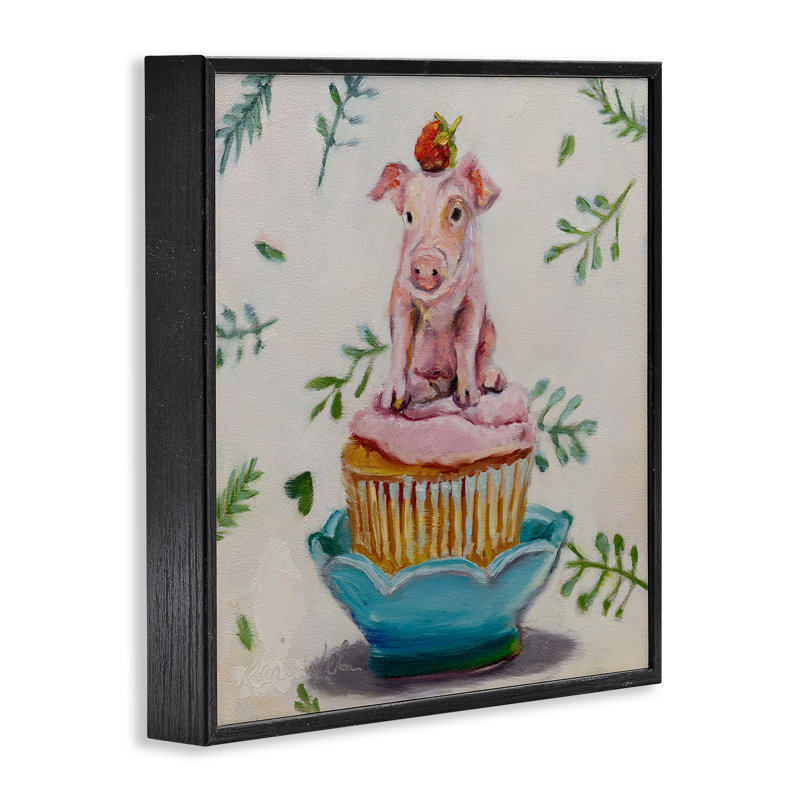 Charmant cochon de tasse de thé sur un gâteau aux fraises - impression, H 12 po x l 12 po, Cadre noir