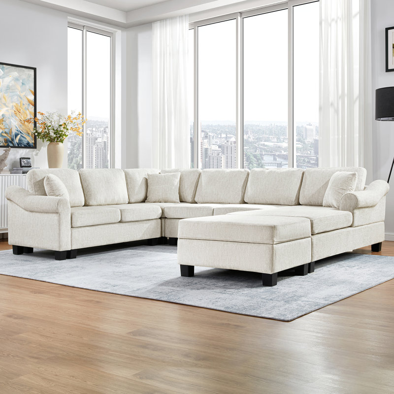 Canapé modulaire en chenille blanc en U de 111,8 po Living avec rangement mobile, 6 sièges, accoudoirs roulés et siège rembourré en mousse