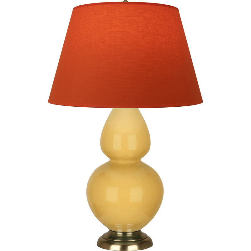 Lampe de table double gourde en céramique, Jaune coucher de soleil glacé / laiton, Tangerine / doublure taupe, Laiton