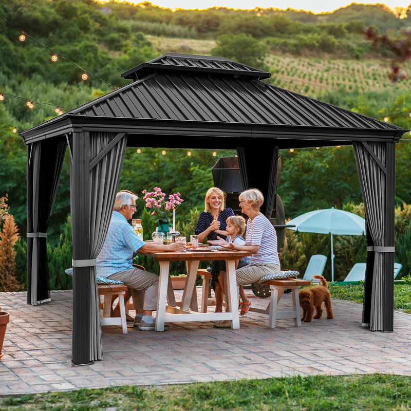 12 Ft. W x 10 Ft. D Double Roof Hardtop Aluminum Patio Gazebo with Netting and Curtains, Black, Black