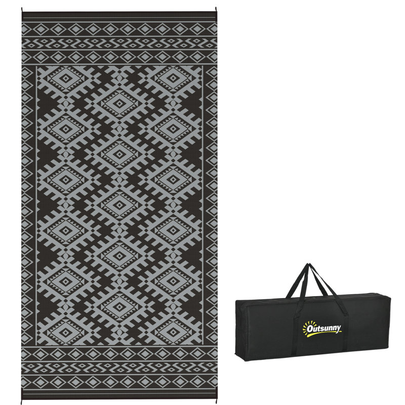 Reversible Outdoor Rug, 9' x 18' Waterproof Plastic Straw Floor Mat, Portable RV Camping Carpet, Large Floor Mat for Backyard, Deck, Picnic, Beach, Black & Gray Rhombus Border