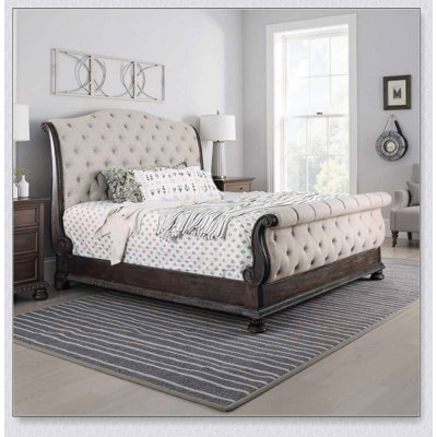 Rustic Natural Tone 1Pc Eastern Bed Beige Fabric Tufted Sleigh Bed Bedroom Furniture Solidwood
