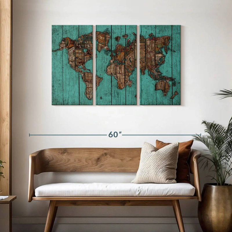 Aliaz Wood Map Turquoise, 28" H x 45" W