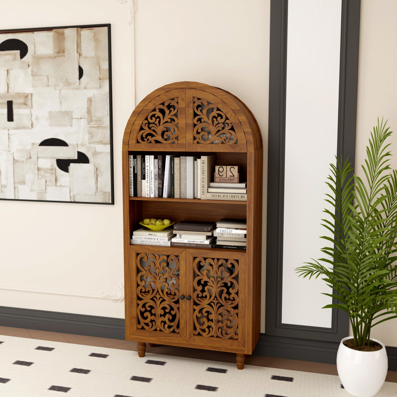 Freestanding 66"Tall  Arched Wood Display Cabinet With Open Shelf
