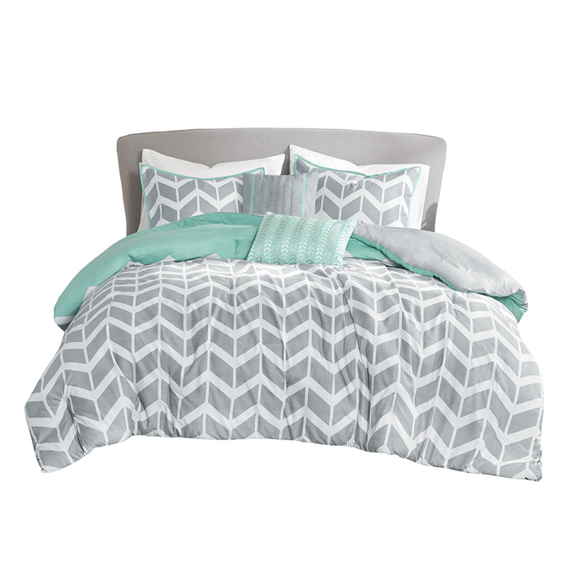 Édredon simple / simple TG avec motif gris, dessus, 2 coussins décoratifs, taies décoratives, rembourrage, motif lavable à la machine, passepoil et coussins