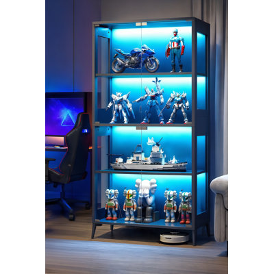 Modern Glass Display Cabinet With Glass Doors, Adjustable Shelves & Rgb Led Lights, Tall Curio Storage Cabinet With Wireless Remote