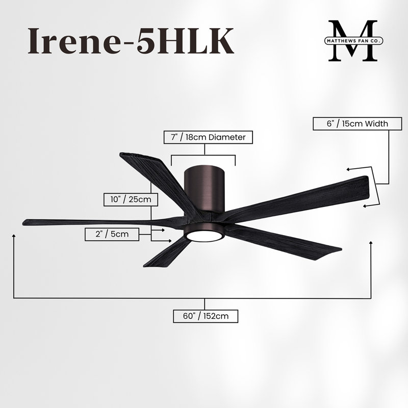 Ventilateur de plafond à 5 pales DEL avec ensemble d'éclairage inclus Irene, Bronze brossé, 60", Noir mat